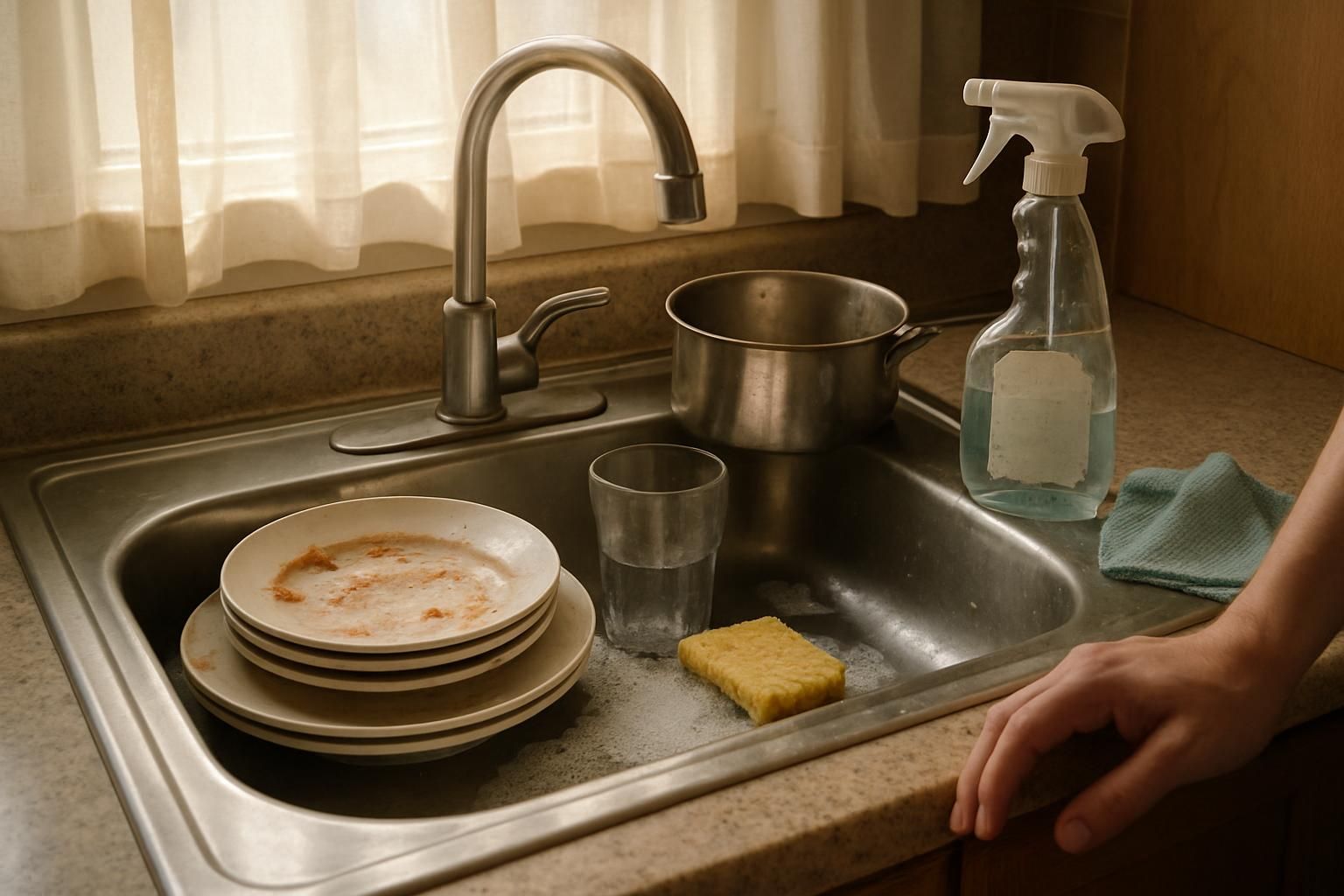 A messy kitchen sink filled with dirty dishes and cleaning supplies.