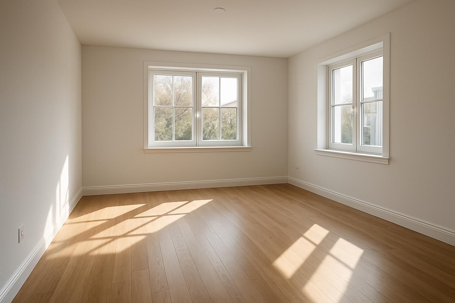 Newly renovated living room with polished hardwood floors and minimalist design.