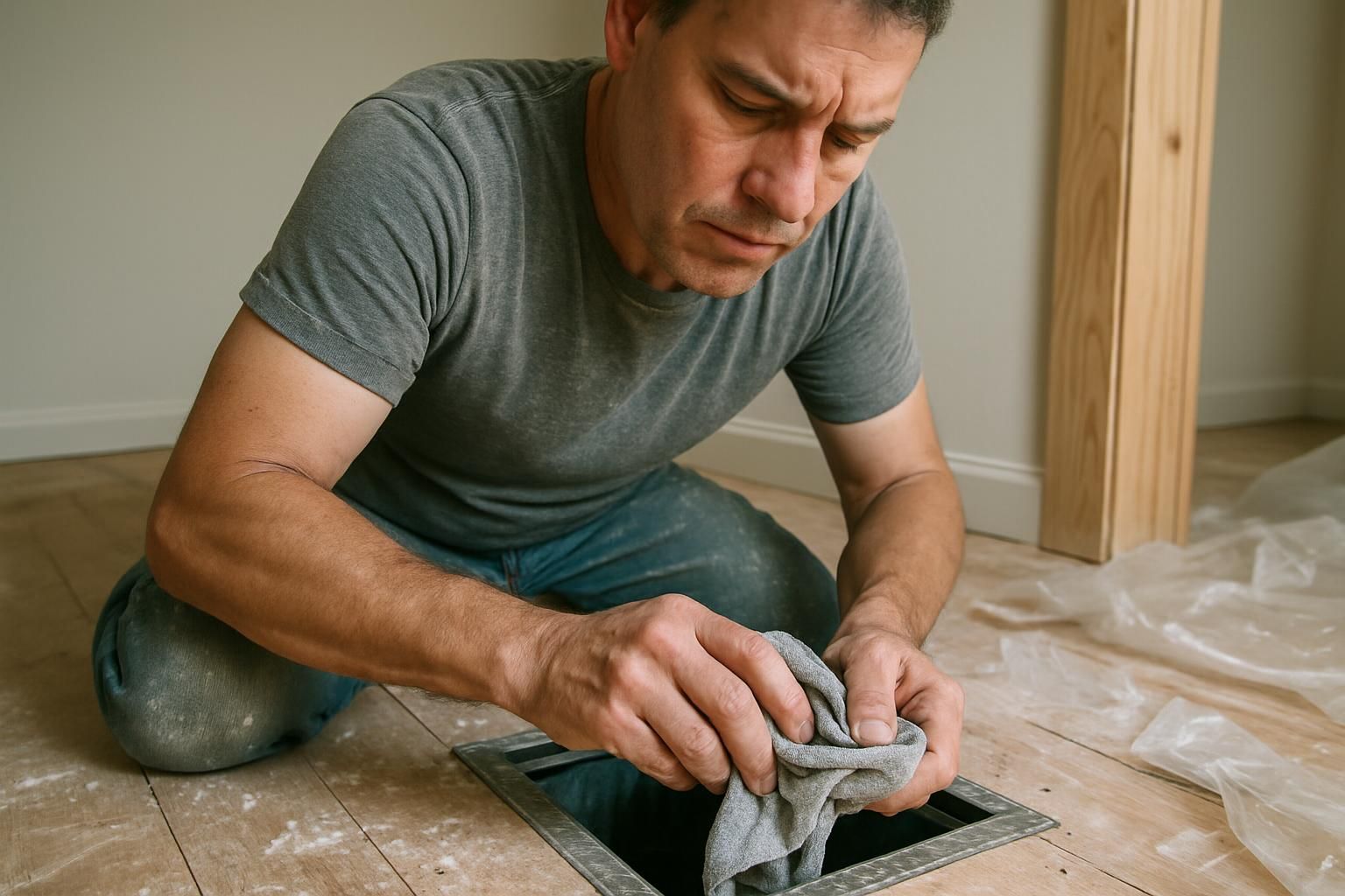 A focused person cleans an air duct in a newly constructed home.