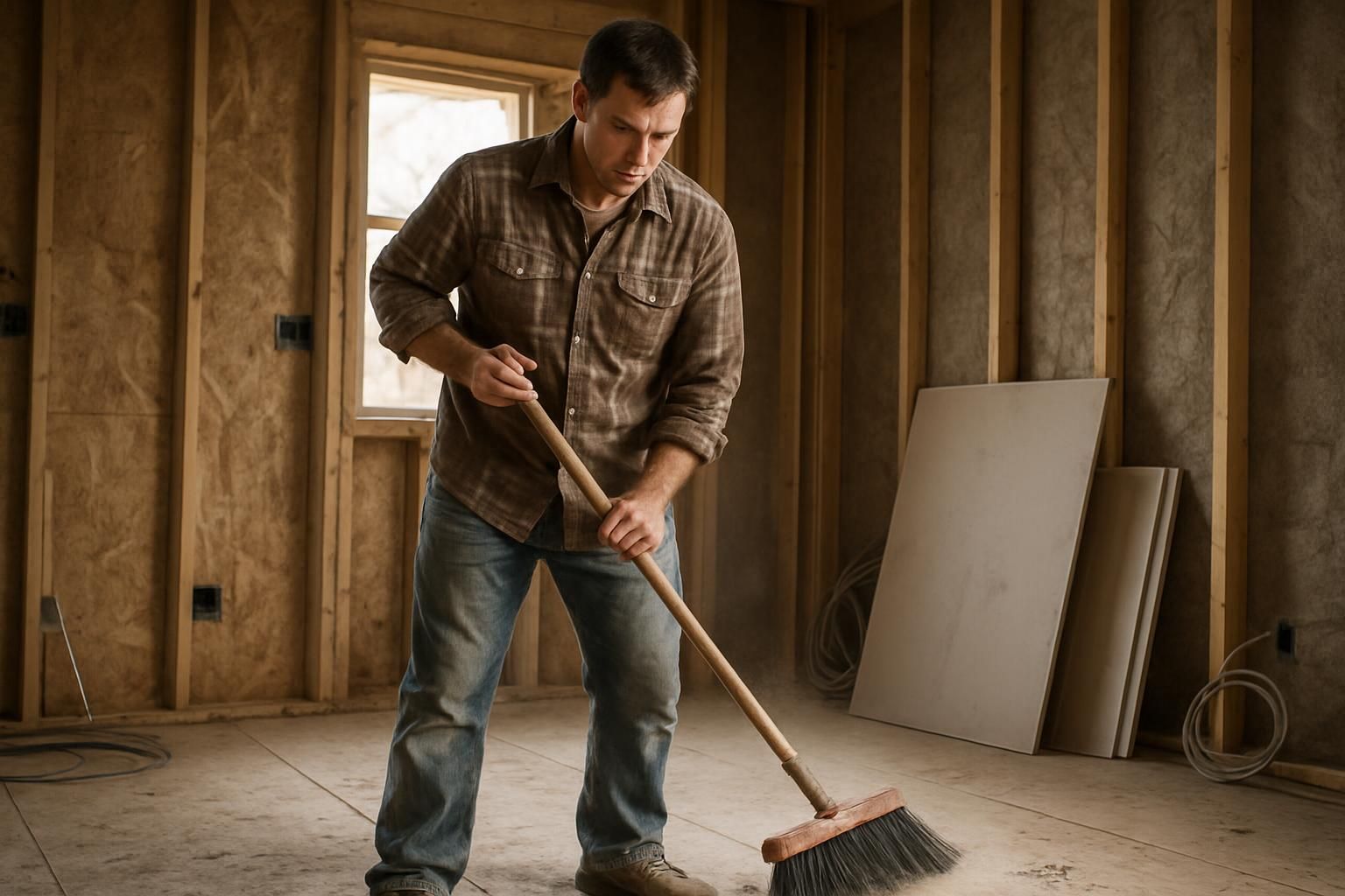 A construction worker diligently sweeps debris in a half-finished house.
