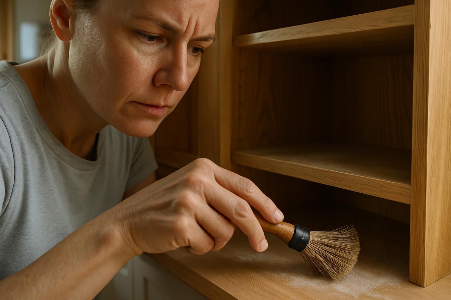 An adult carefully dusts inner shelves of a kitchen cabinet.