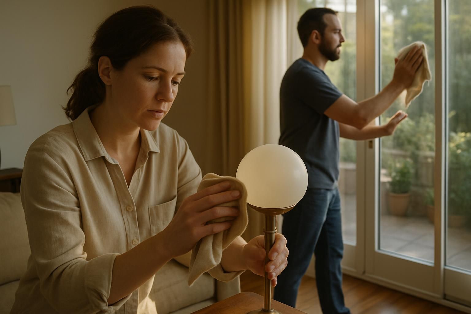 A couple diligently cleans their living room in preparation for moving.
