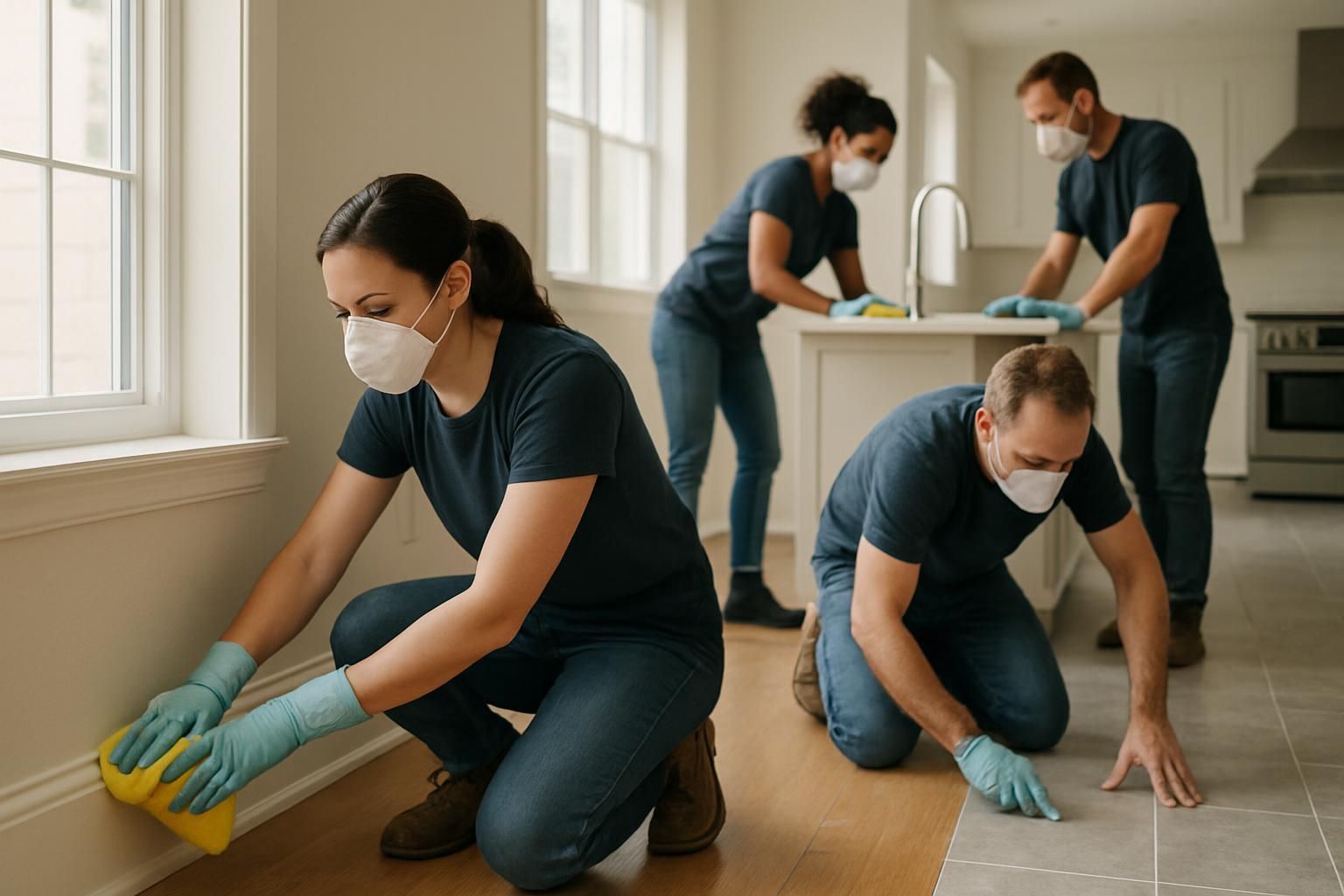 A dedicated team of cleaners carefully tidies a renovated home.