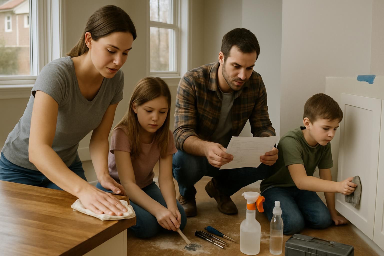 A family collaborates on post-renovation clean-up in their living room. A cleaning team is diligently working in a newly renovated home.