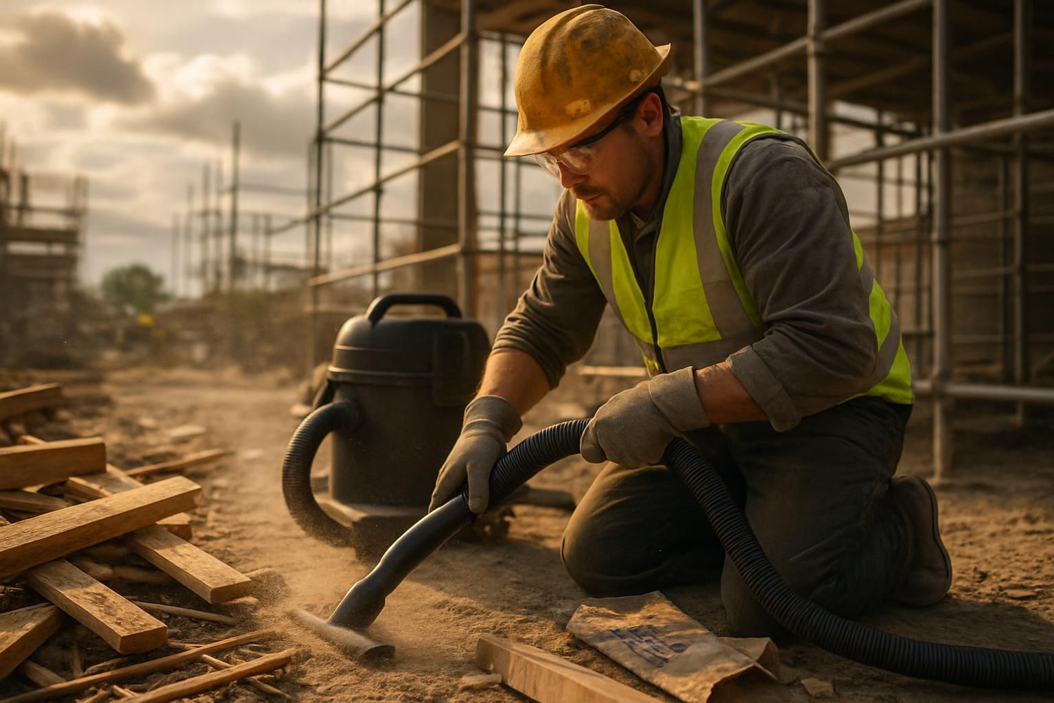 A construction worker cleans debris at a busy construction site.