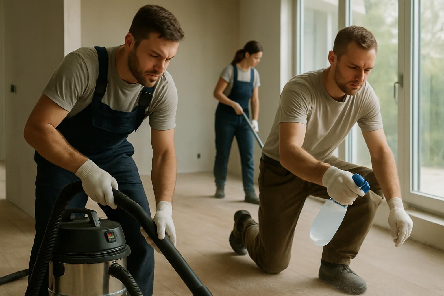 A cleaning team is diligently working in a newly renovated home.