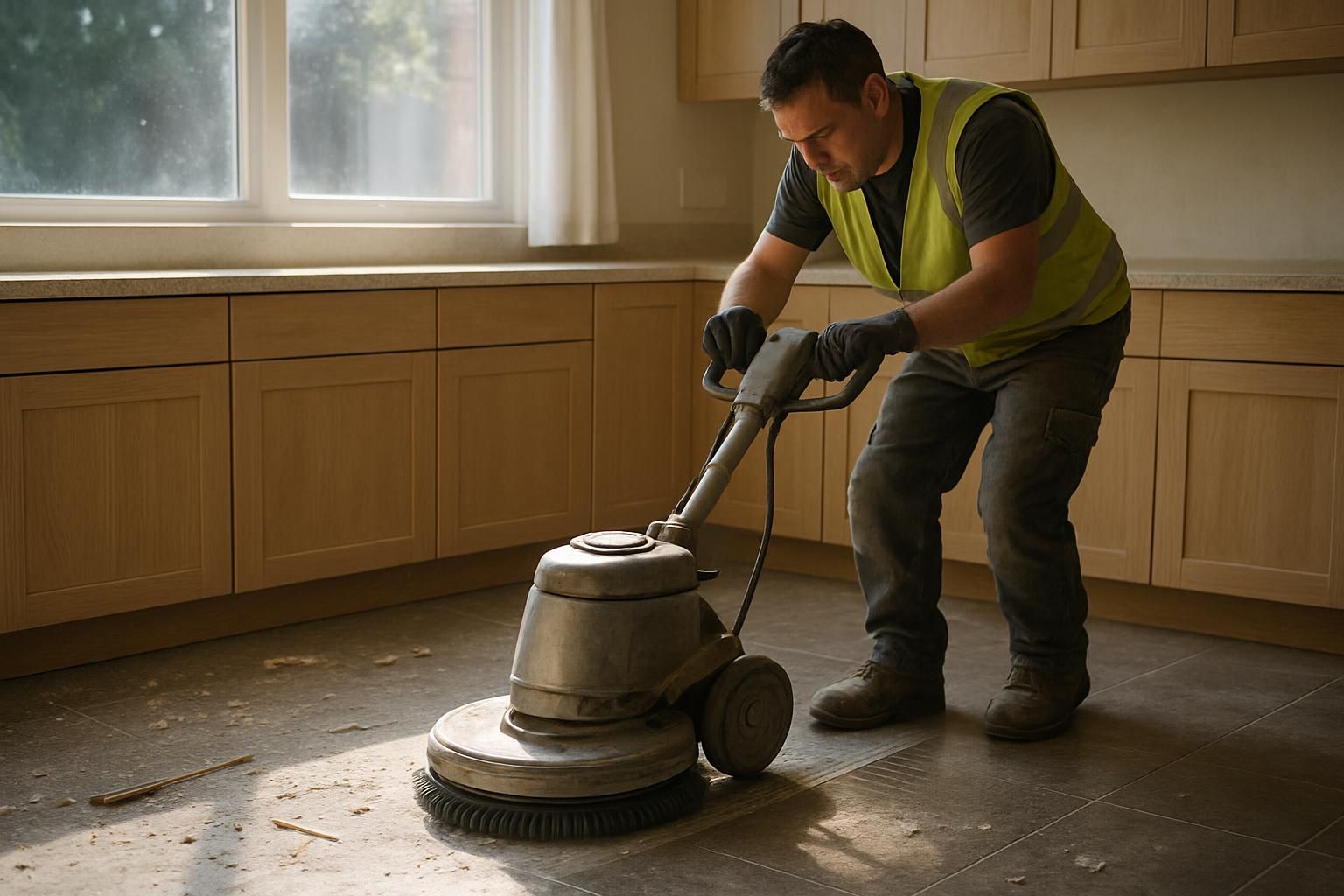 A worker diligently cleans a newly renovated kitchen floor with a scrubber.