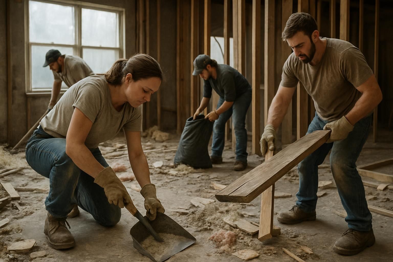 A team of cleaners works diligently at a cluttered construction site.