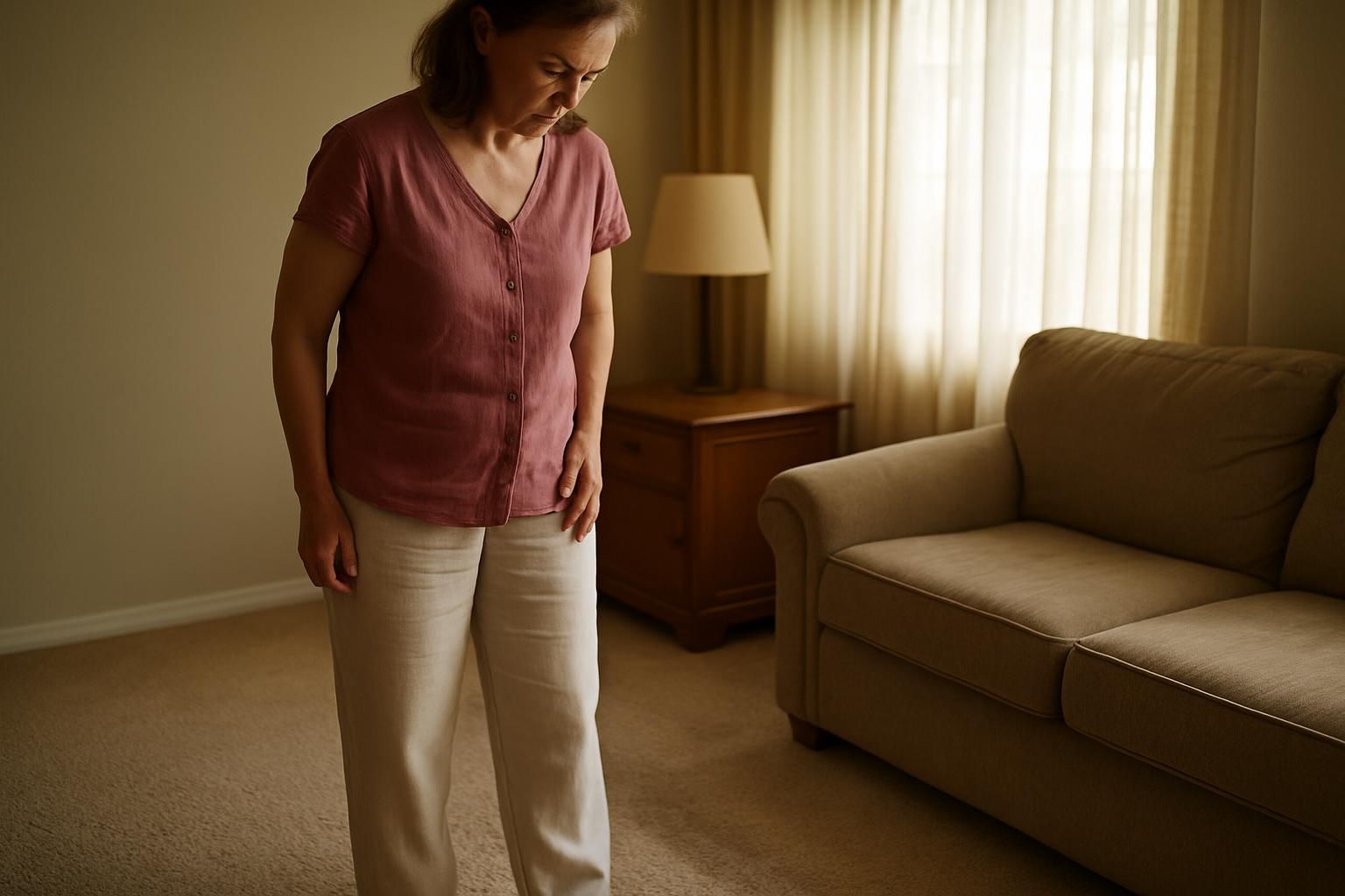 Middle-aged woman examines carpet in her inviting, lived-in living room.