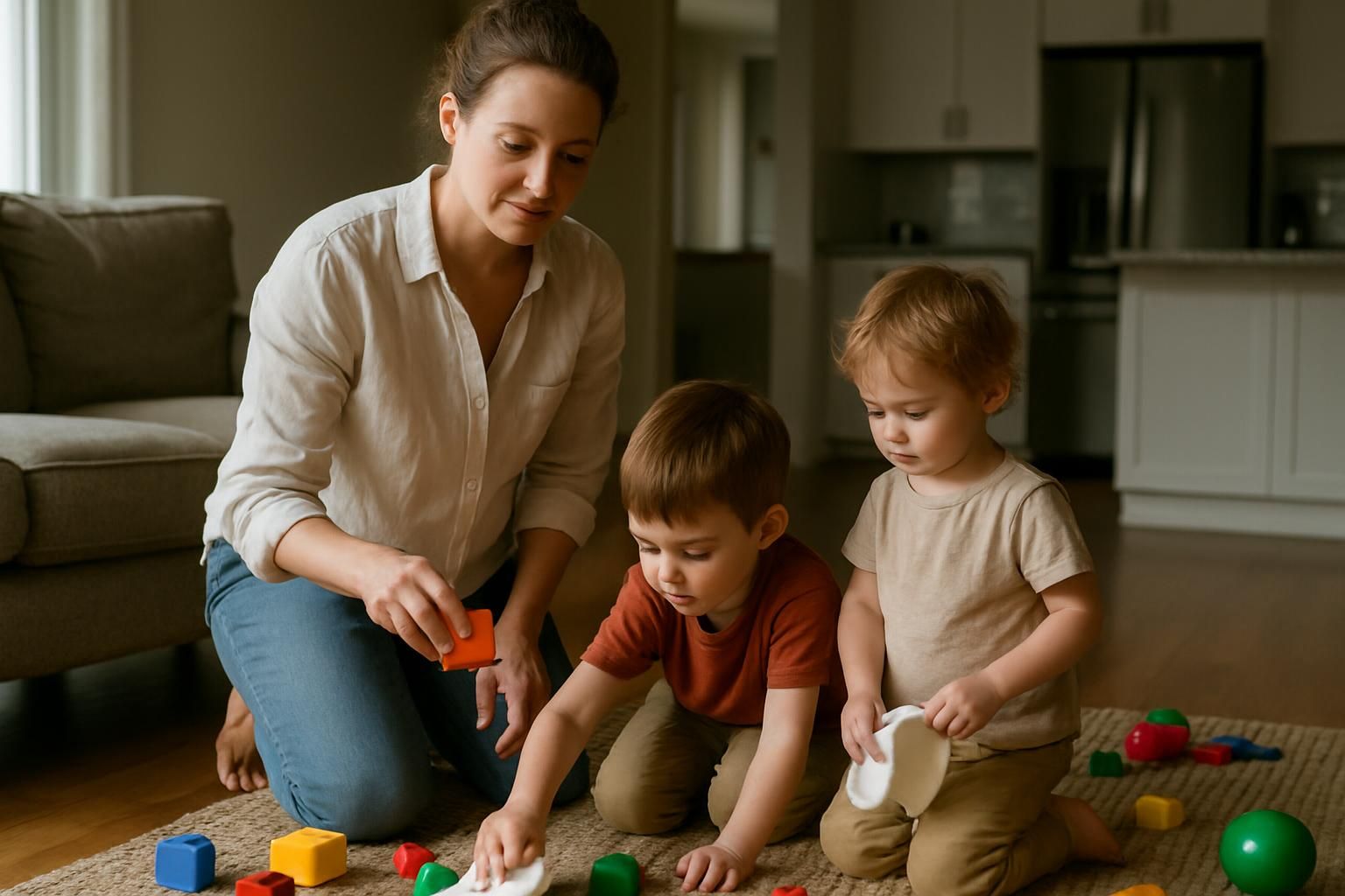 A woman and children tidy up a cozy, lived-in living room.