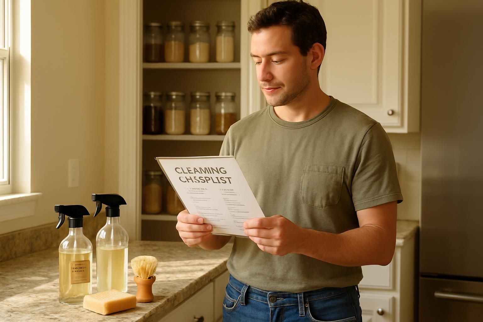 A person organizes a sunlit kitchen with eco-friendly cleaning products.