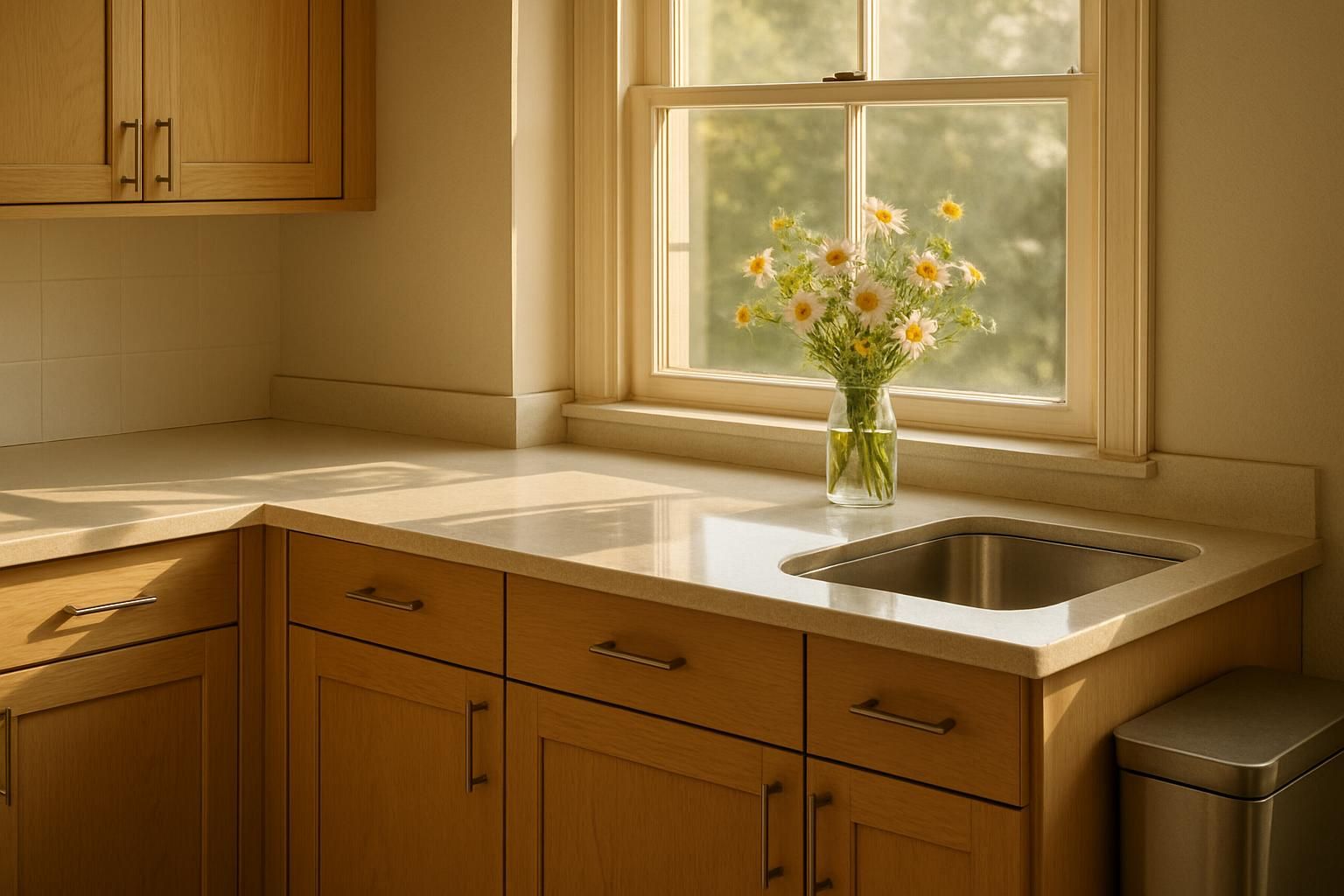 A tidy kitchen features polished countertops and a fresh floral arrangement.