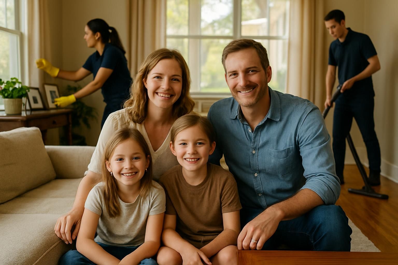 A relaxed family enjoys their tidy living room while cleaners work.