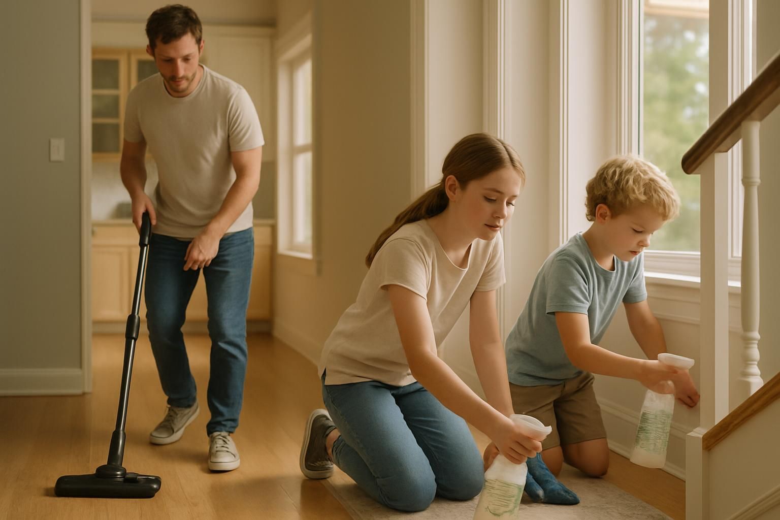 A family of four collaborates to clean their modern home.