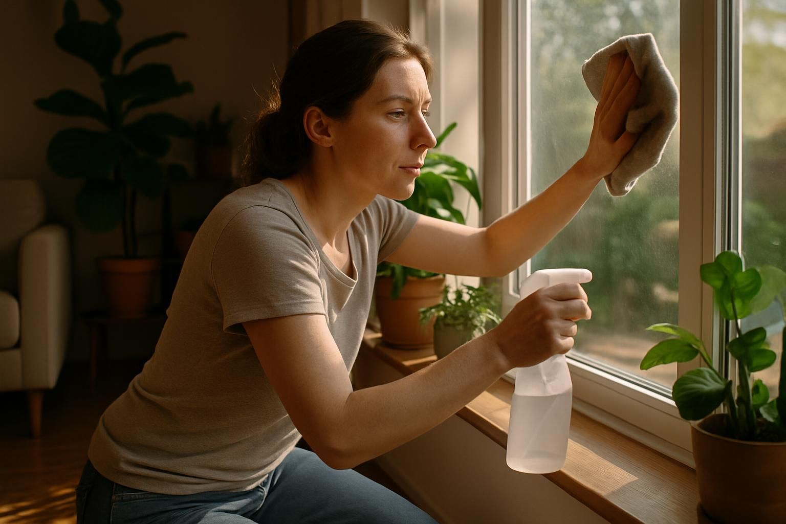 A woman cleans a large window in a cozy living room.