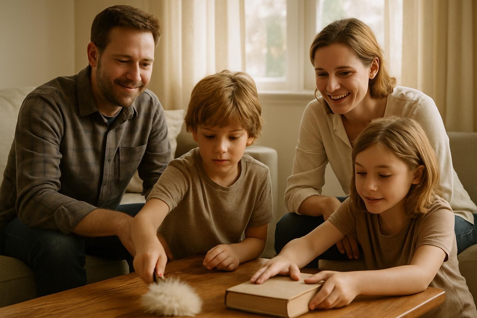 A happy family of four tidies their cozy living room together.