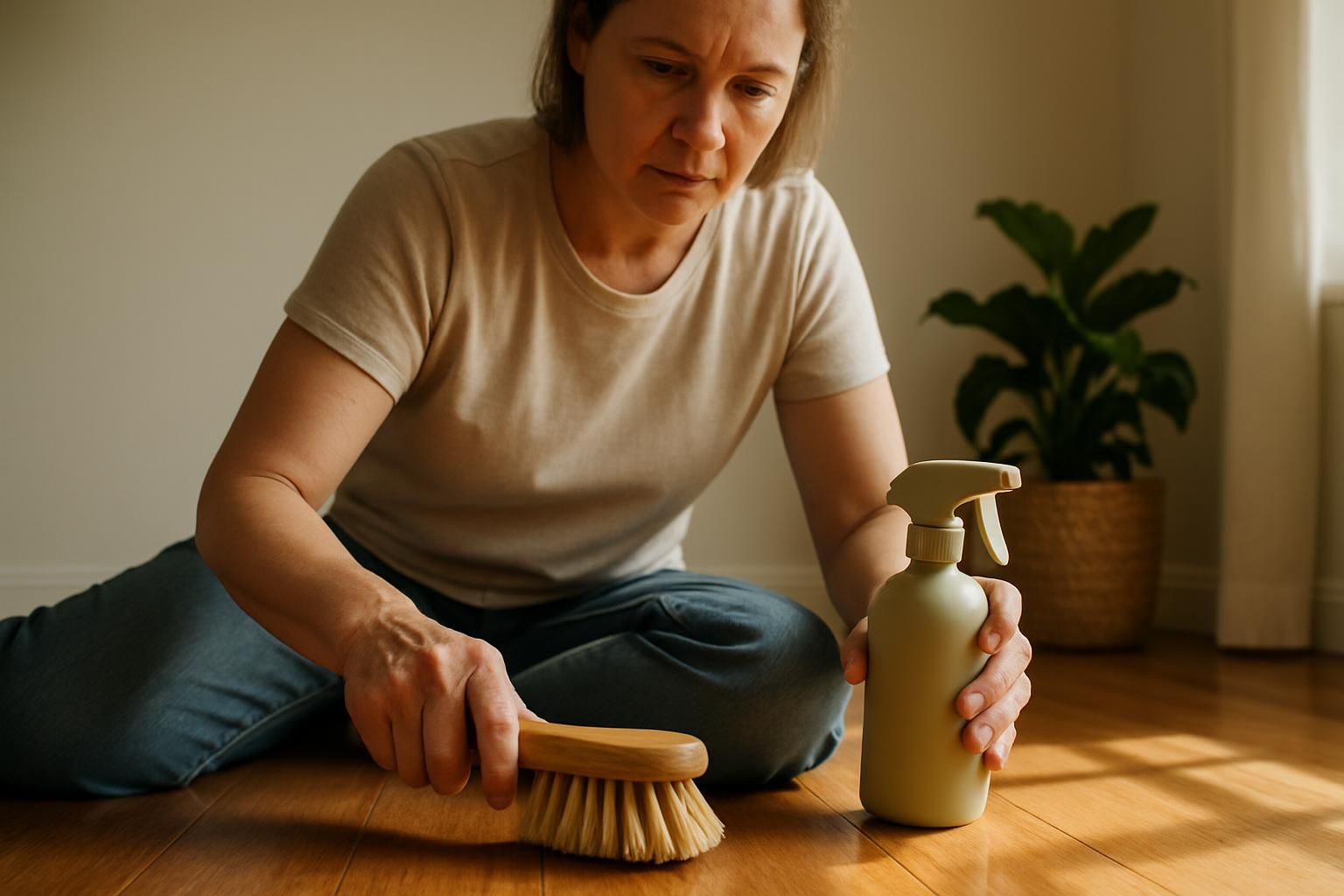 A focused woman cleans using eco-friendly tools in her home.