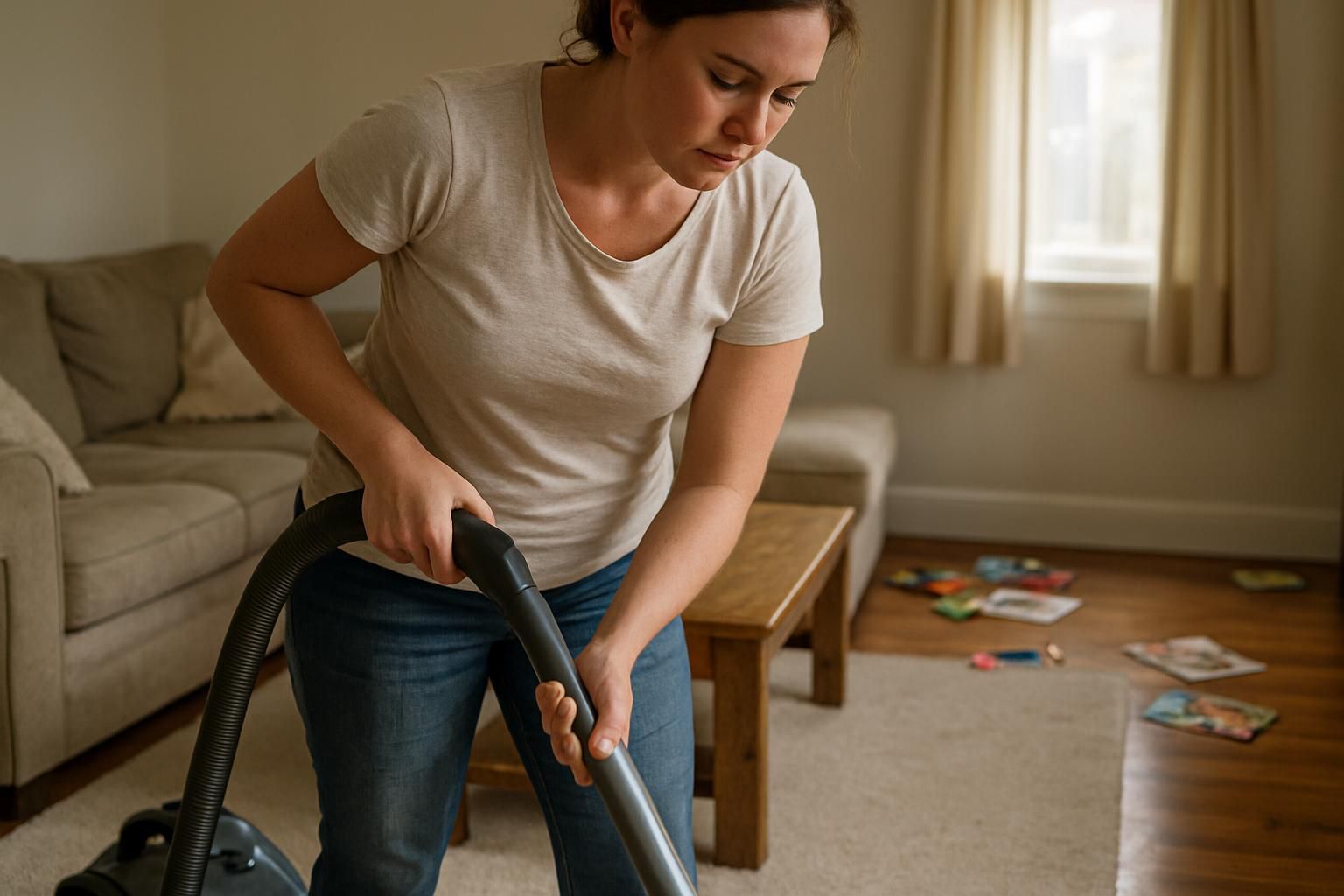 A woman vacuums a cozy, lived-in living room.