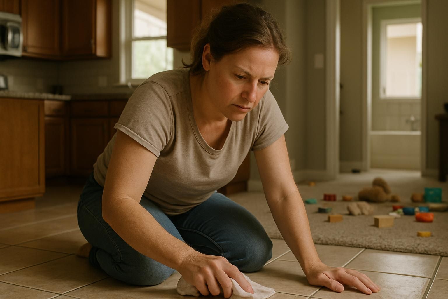 A woman cleans a lived-in home with focus and diligence.