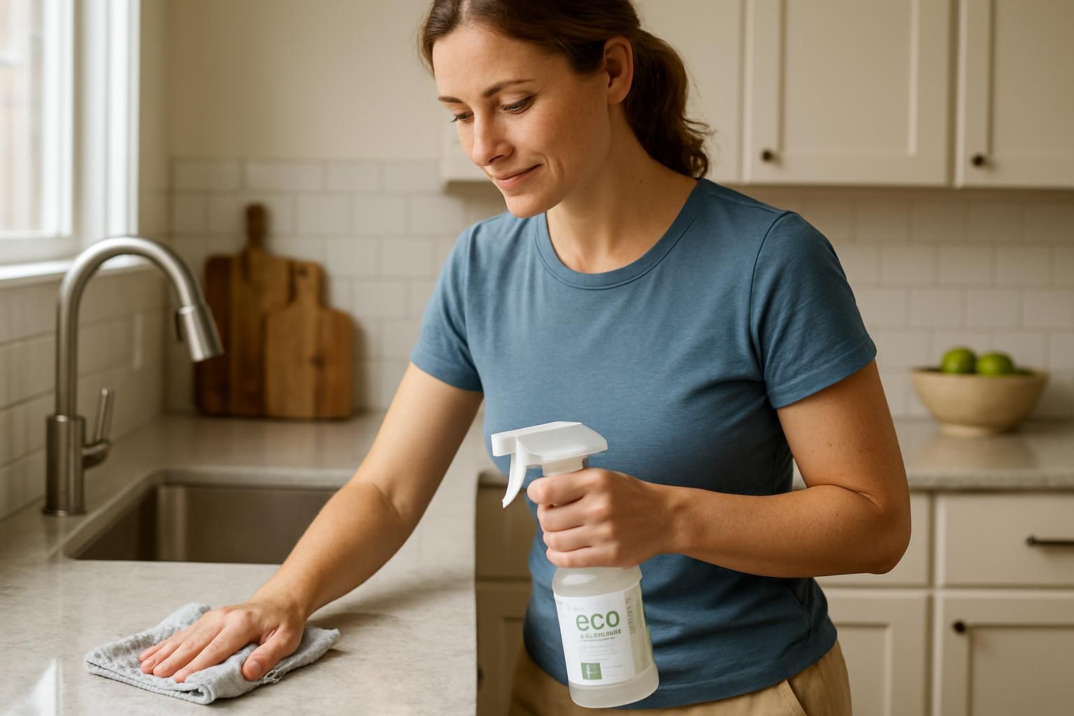 A woman cleans her kitchen with focus and care.