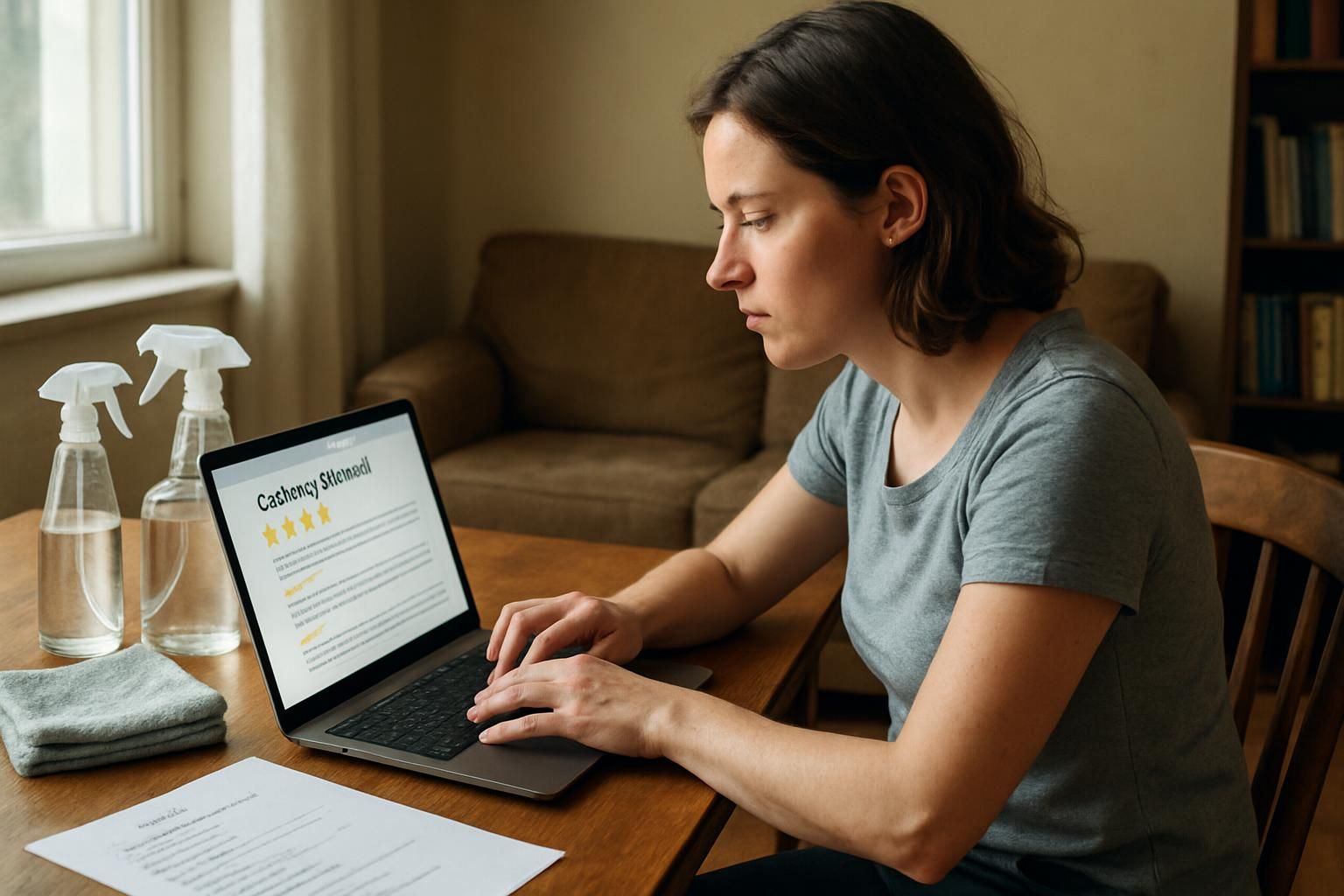 A woman reviews cleaning services at a dining table.