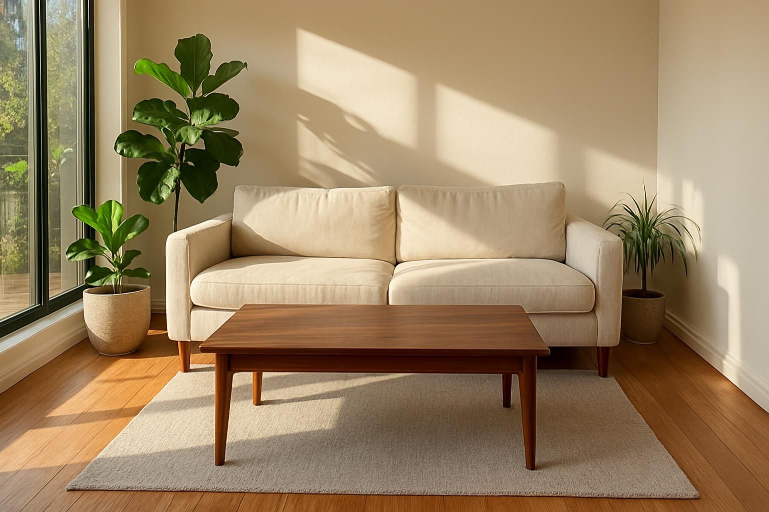 A carefully arranged, inviting living room with modern furnishings and plants.