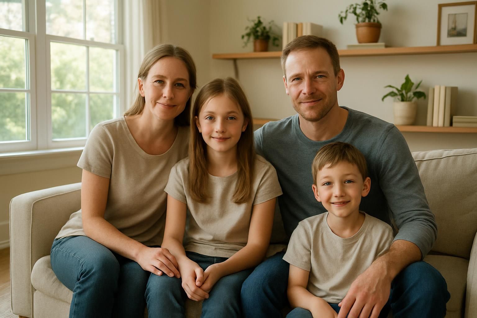 A family of four enjoys a cozy moment on their sofa.