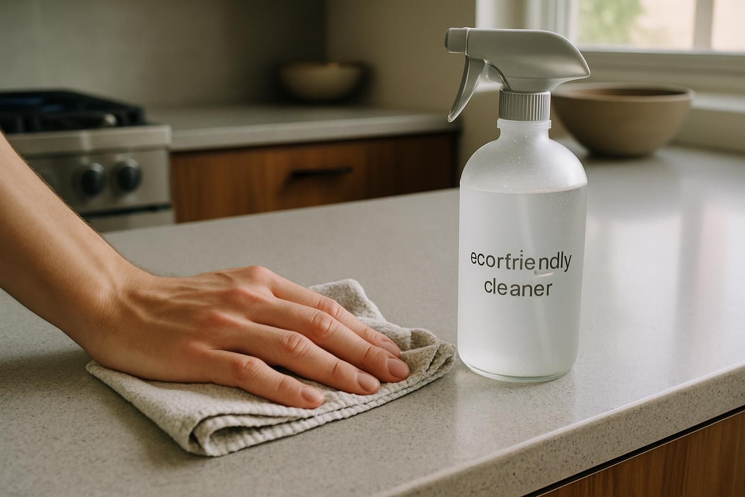 A hand cleans a minimalist kitchen counter with eco-friendly cleaner.