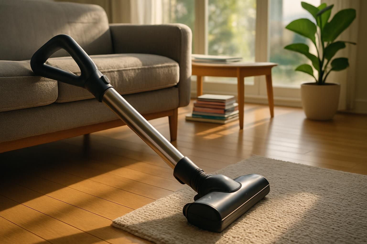 A sleek vacuum cleaner complements a tidy, modern living room.