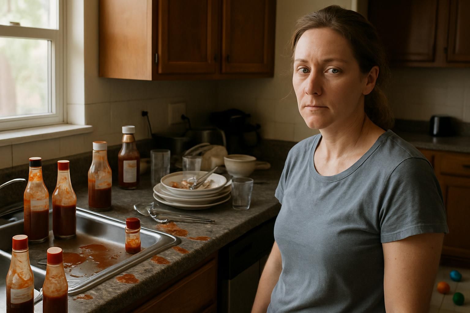 A cluttered kitchen reflects a lived-in space needing cleaning.
