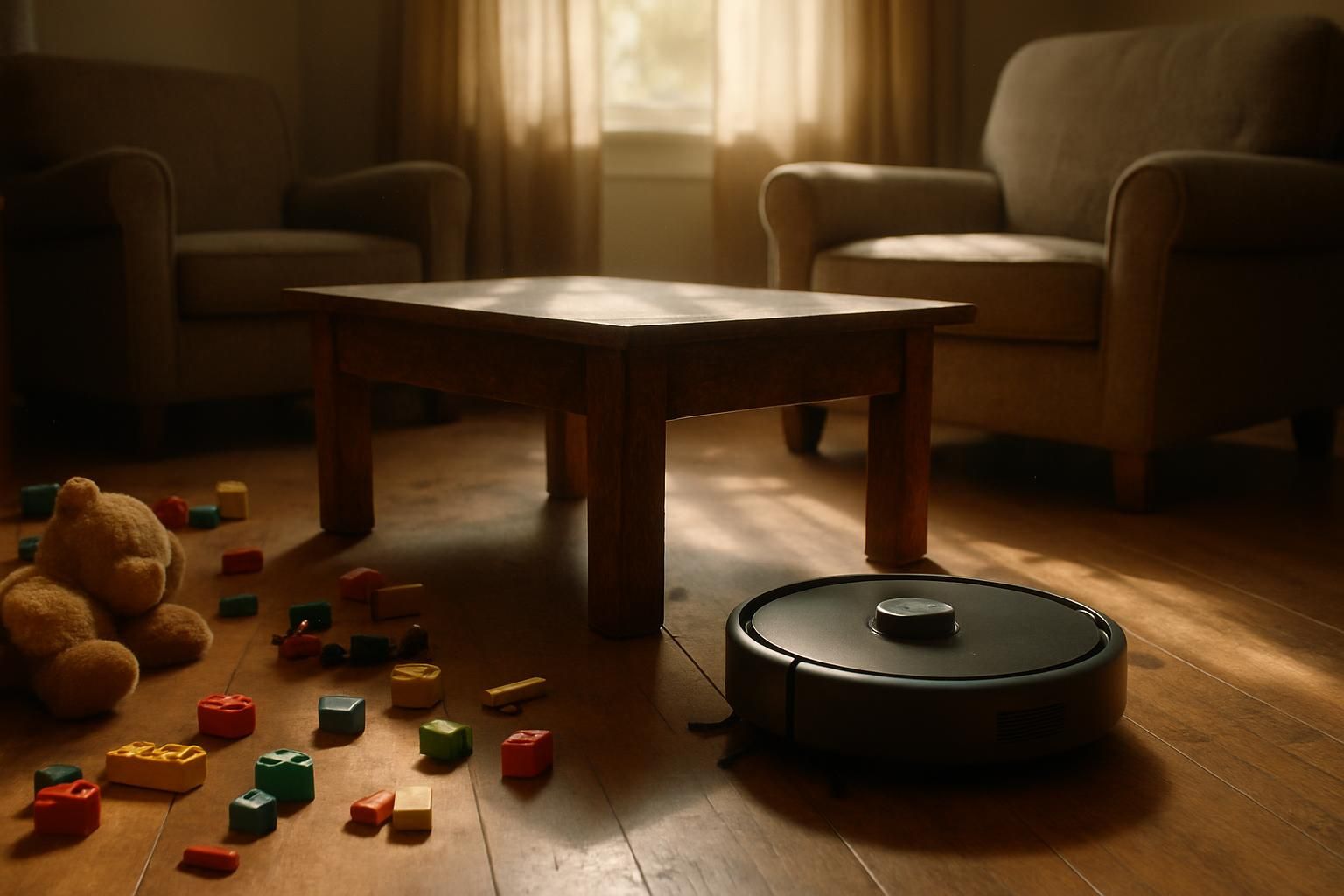 A cozy, cluttered living room filled with children's toys and furniture.