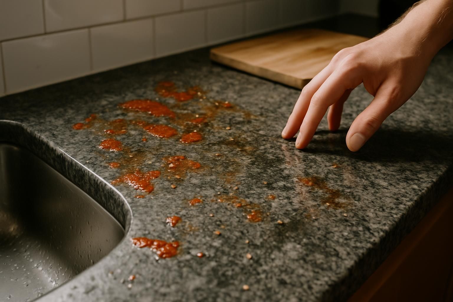 A messy kitchen countertop displays food residue and everyday domestic life.