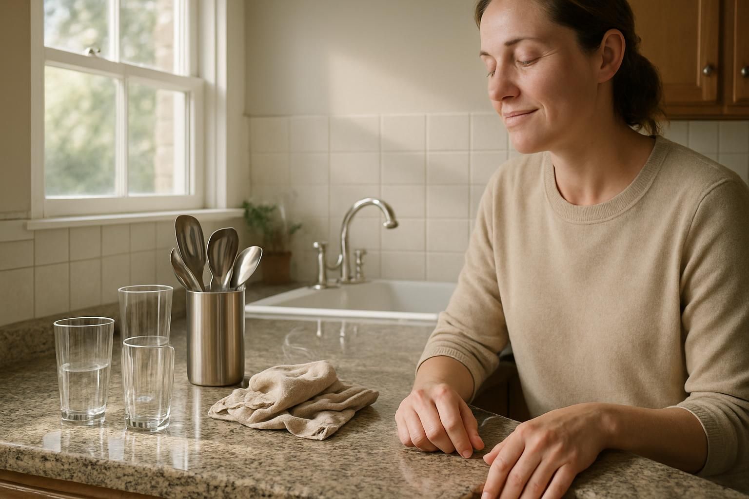 A pristine kitchen showcases polished surfaces and a relaxed person.