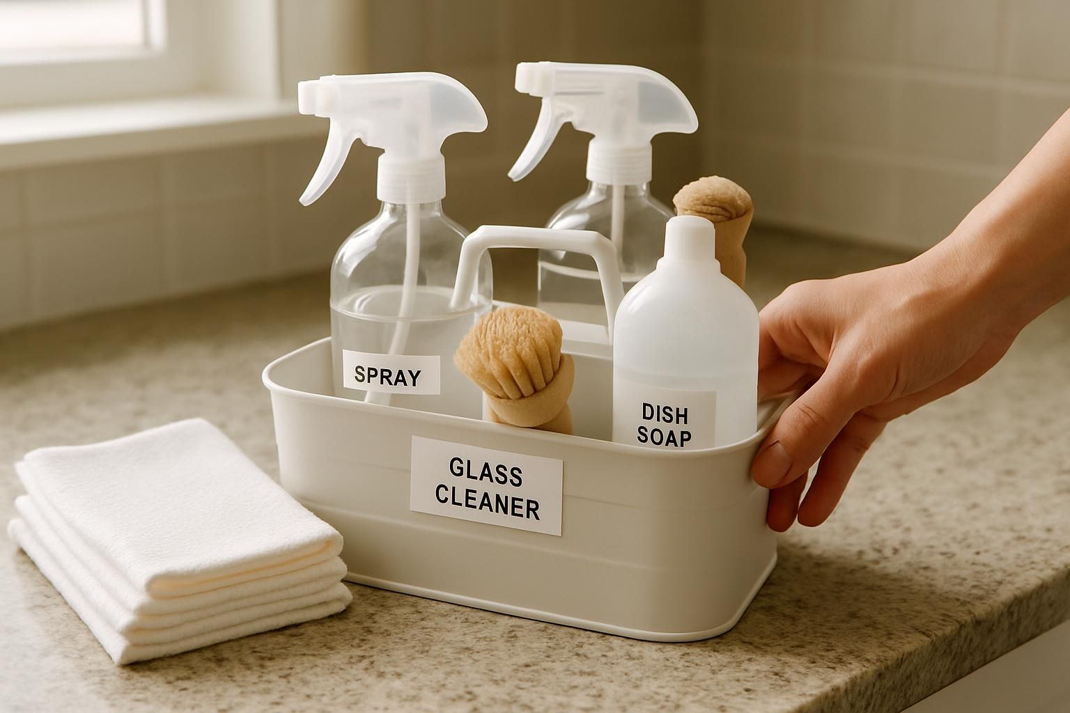 A cleaning caddy with supplies sits on a kitchen countertop.
