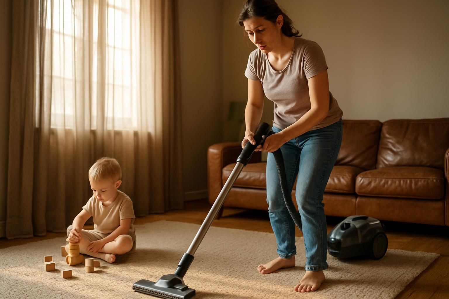 A tired mother vacuums while her toddler plays nearby.