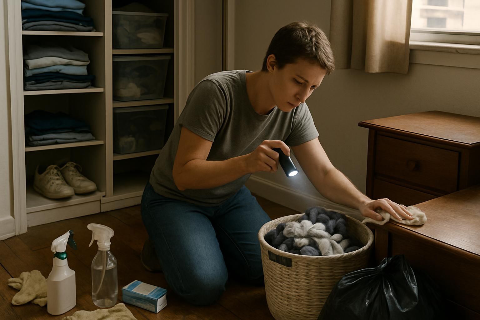 A person meticulously declutters a cluttered bedroom filled with items.