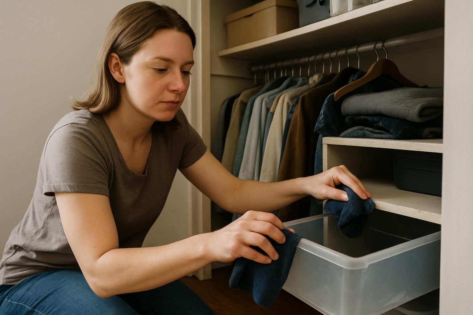 A woman organizes a closet while cleaning with a microfiber cloth.