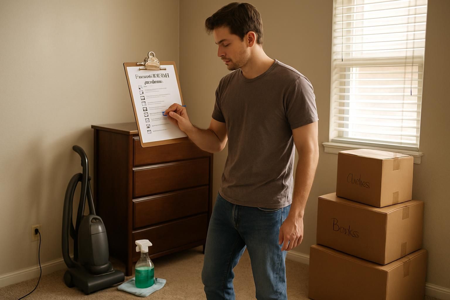 A young adult finishes cleaning their bedroom before moving out.
