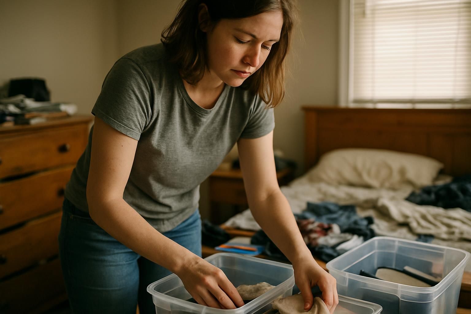 A woman organizes her cluttered bedroom with focused determination.