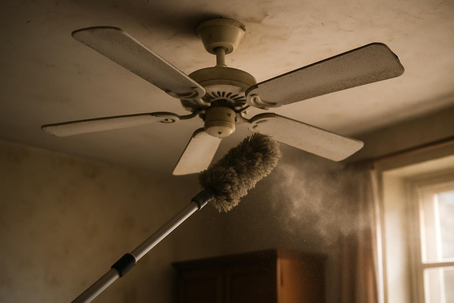 A person uses a duster to clean a dusty ceiling fan.