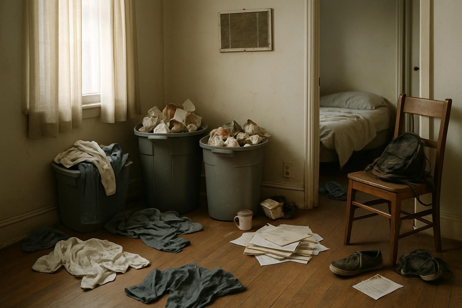 A cluttered apartment reflecting neglect and impending move-out preparations.