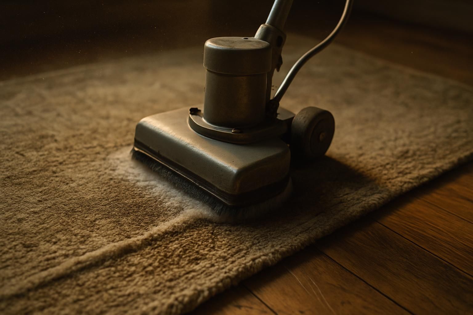 A worn carpet is being deep cleaned by a heavy-duty machine.