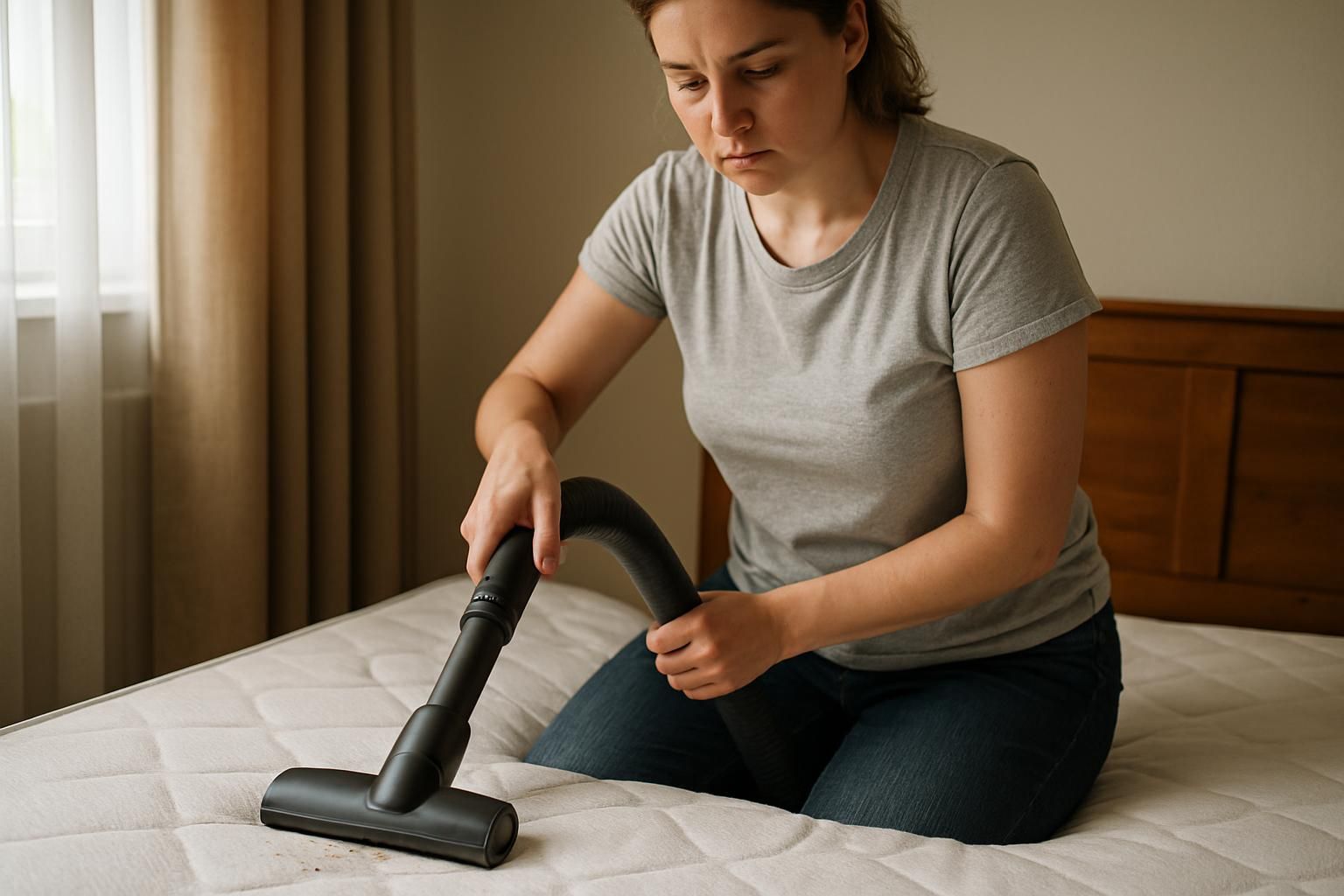A woman vacuums a mattress in a tidy bedroom.