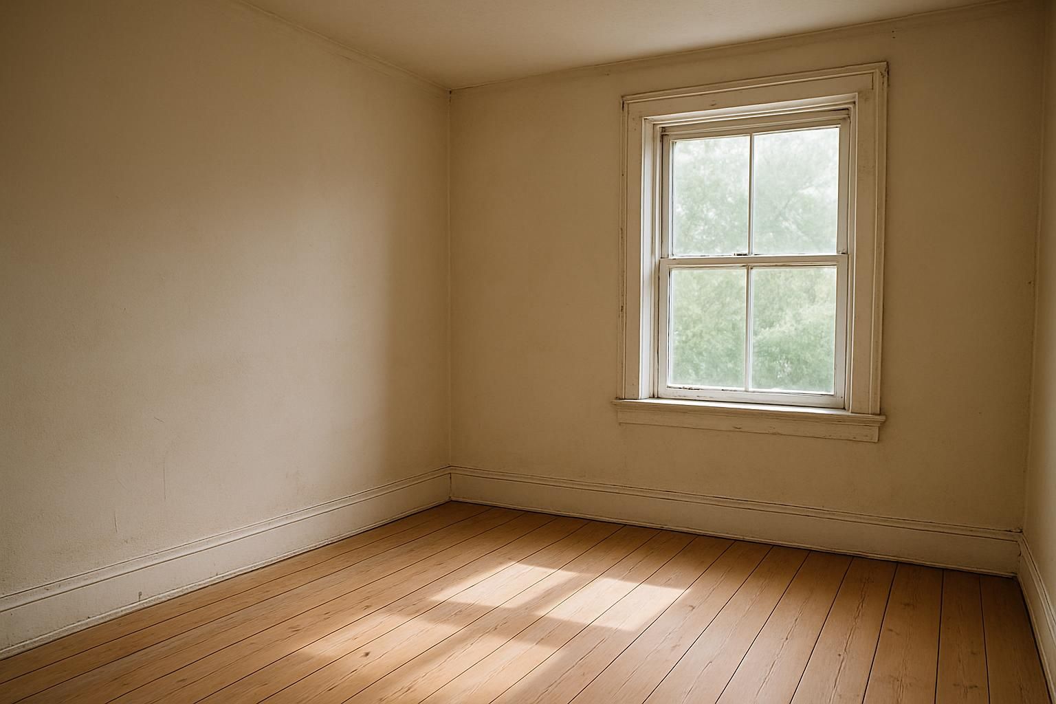 An empty bedroom awaits cleaning before new tenants arrive.