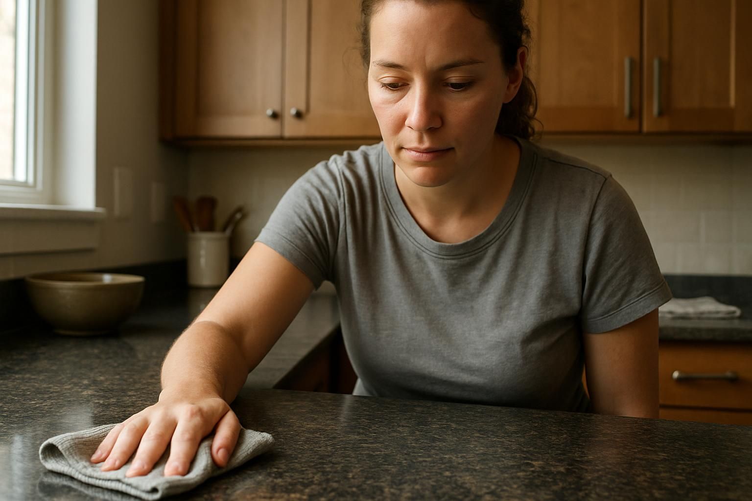 A woman cleans a granite kitchen countertop with a microfiber cloth.