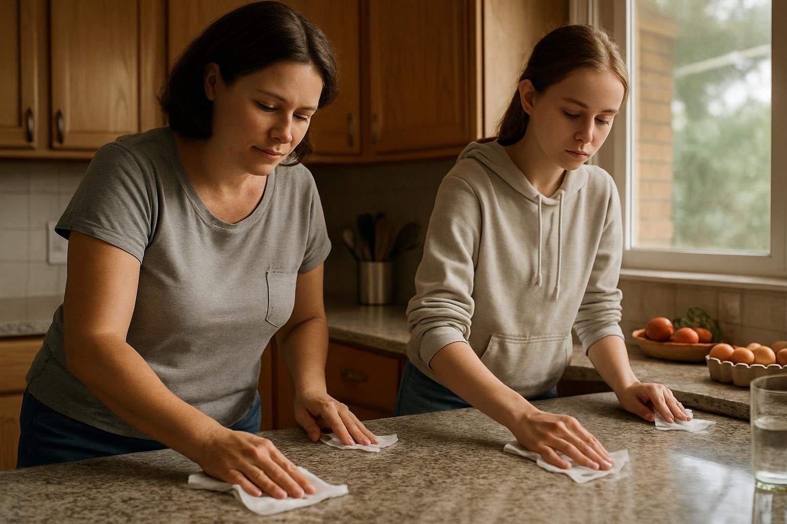 A mother and daughter diligently clean kitchen countertops together.