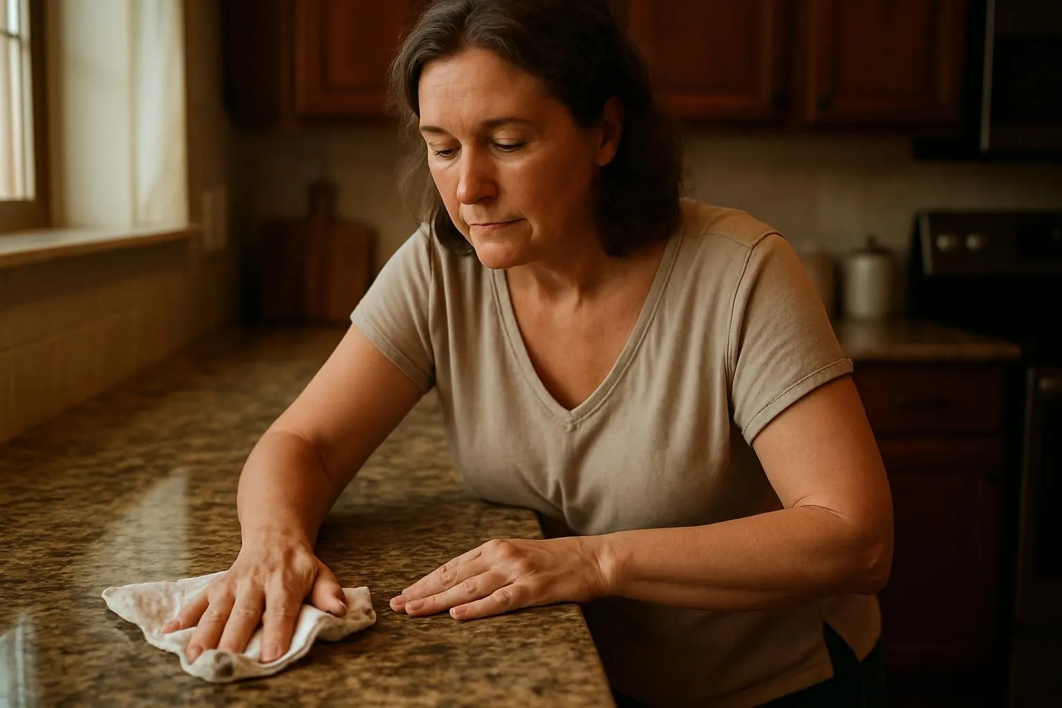 Middle-aged woman cleans a granite kitchen countertop with focus and care.