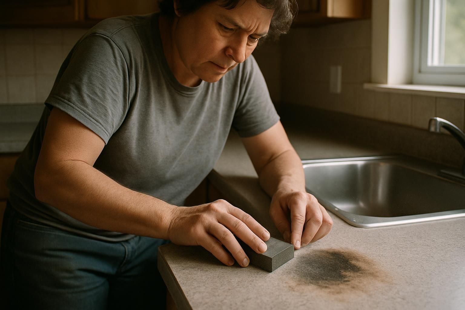 A person carefully sands a scorched laminate countertop in a kitchen.