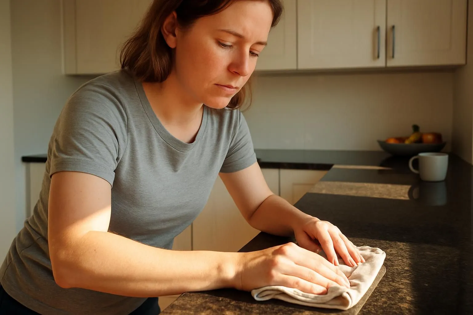A woman cleans a polished granite countertop in a serene kitchen.