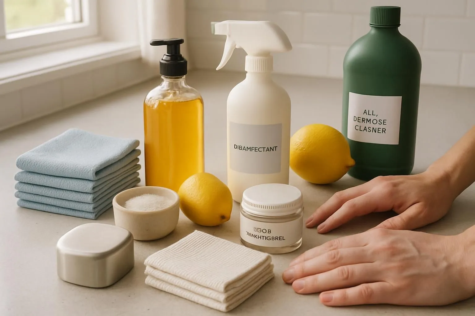 A tidy kitchen countertop arranged with cleaning supplies and fresh lemons.
